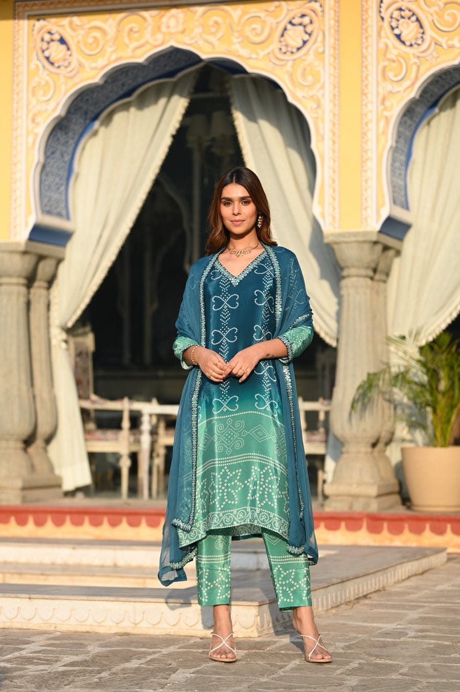 TREND TRINITY SUMMER OMBRE PURE CREP BANDHANI SUIT SET