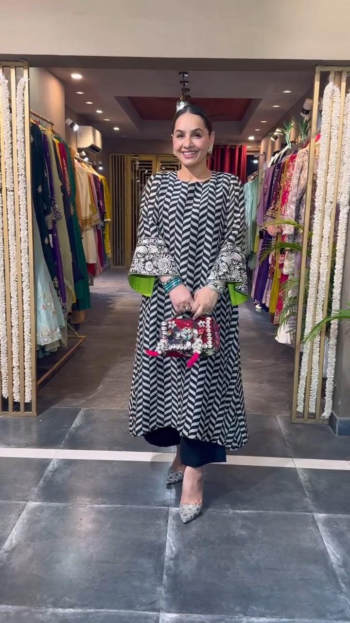 Modal Silk Black Zig Zest High Low Kurta & Pant