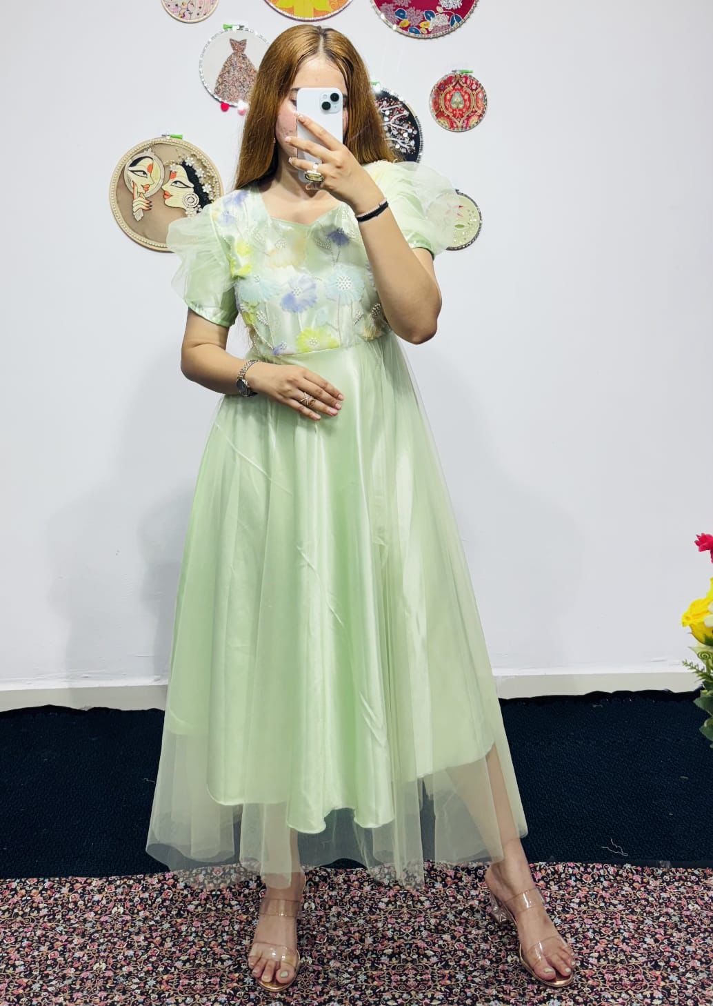 KENVI Breathable Midi Dress with Stunning net and bids work