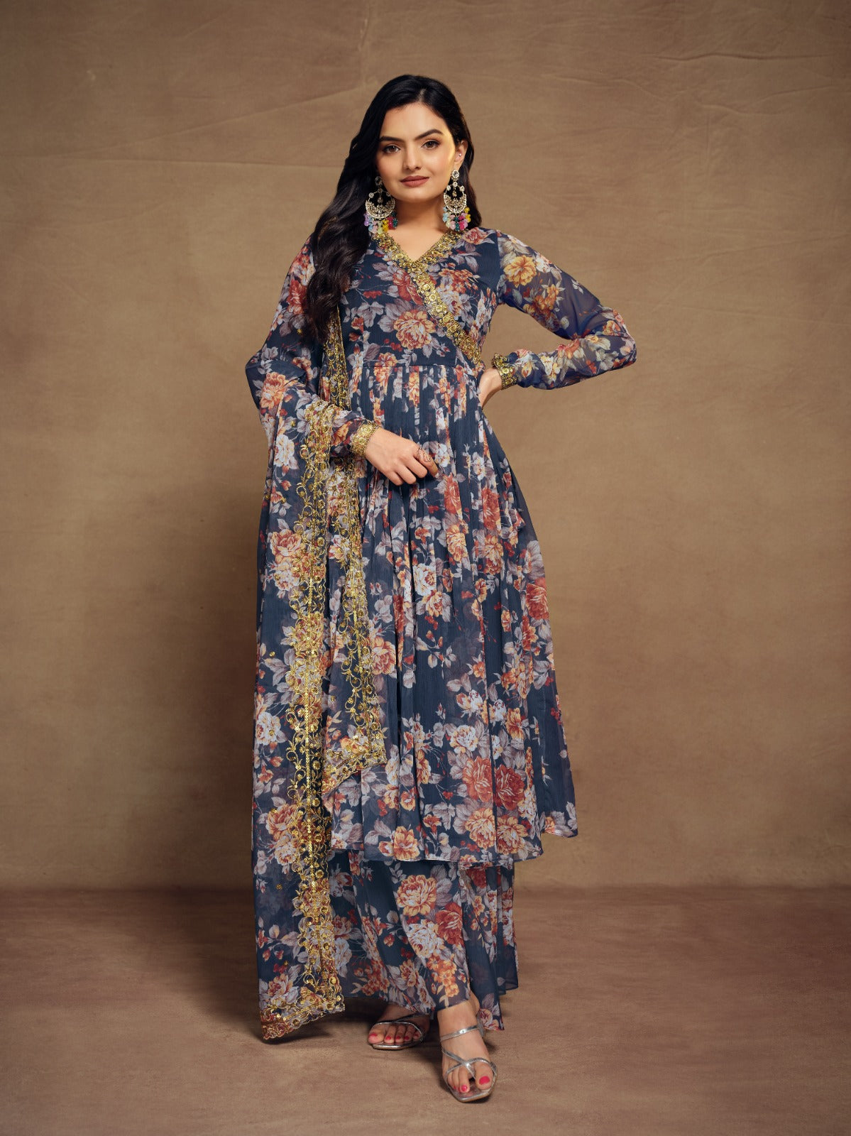 Chiffon Salwar Suit with Print, Sequins and Zari Work