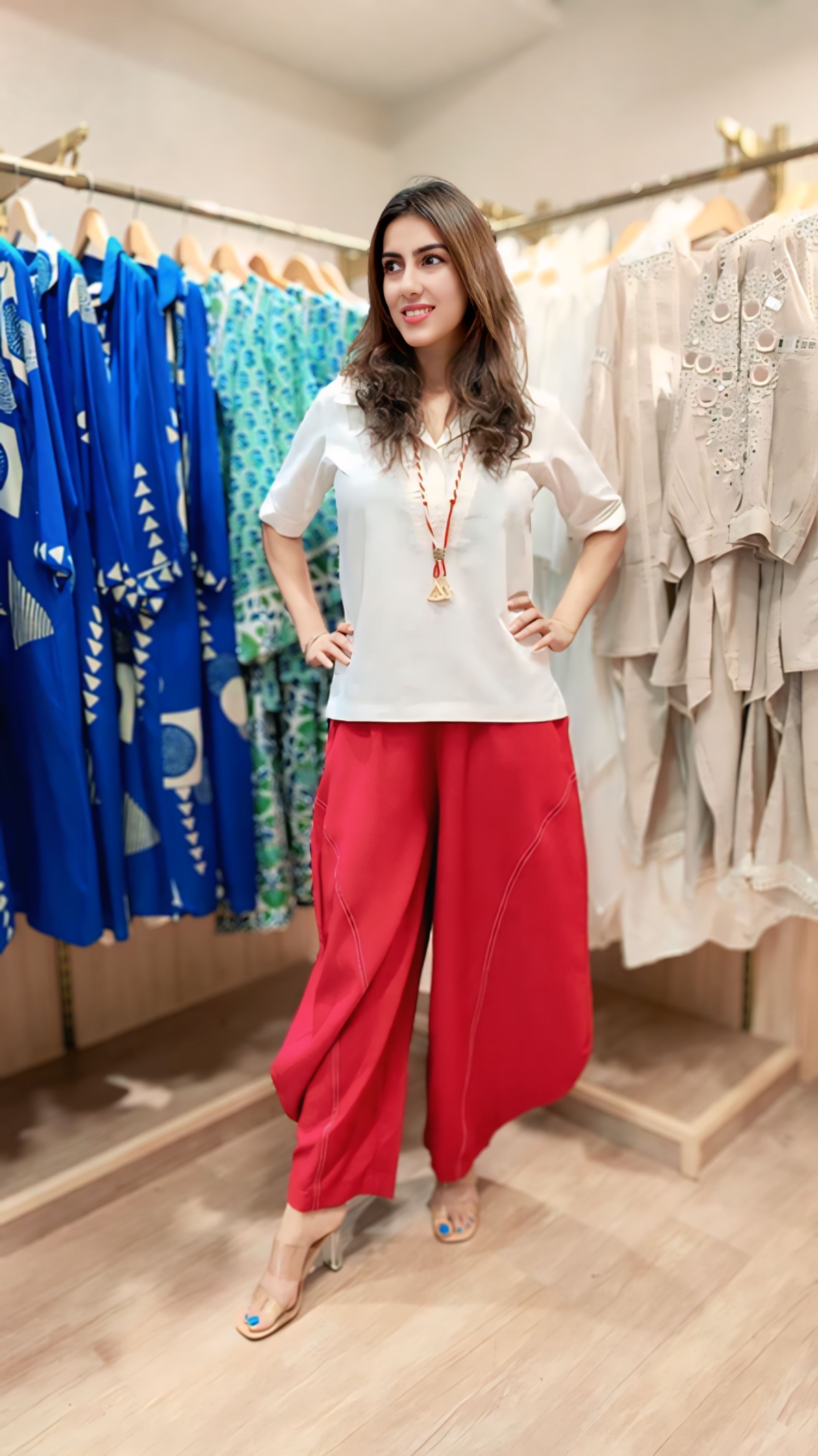White Red Drape Pants Coord Set