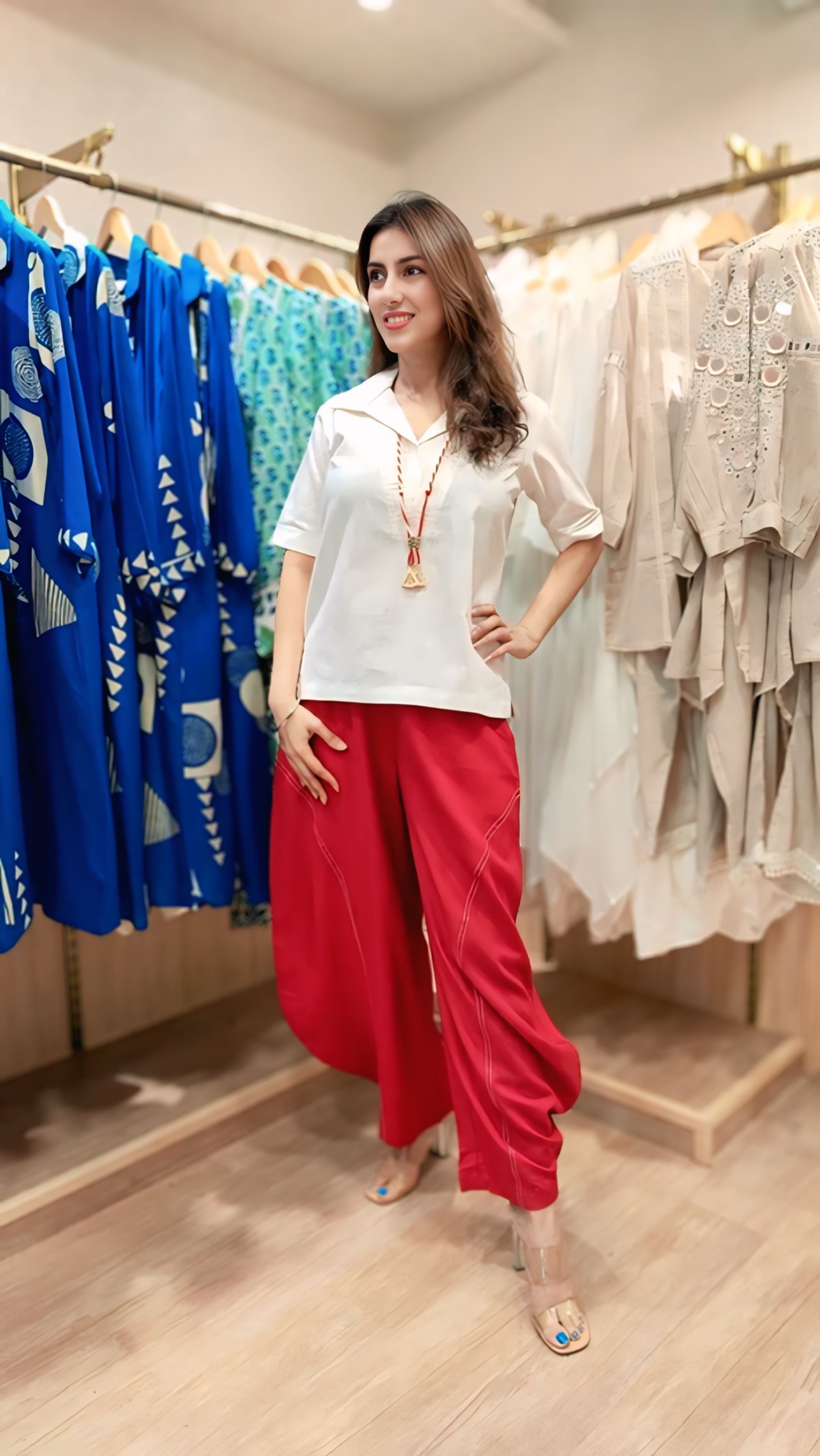 White Red Drape Pants Coord Set