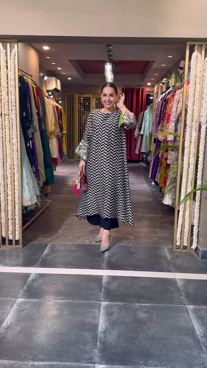 Modal Silk Black Zig Zest High Low Kurta & Pant