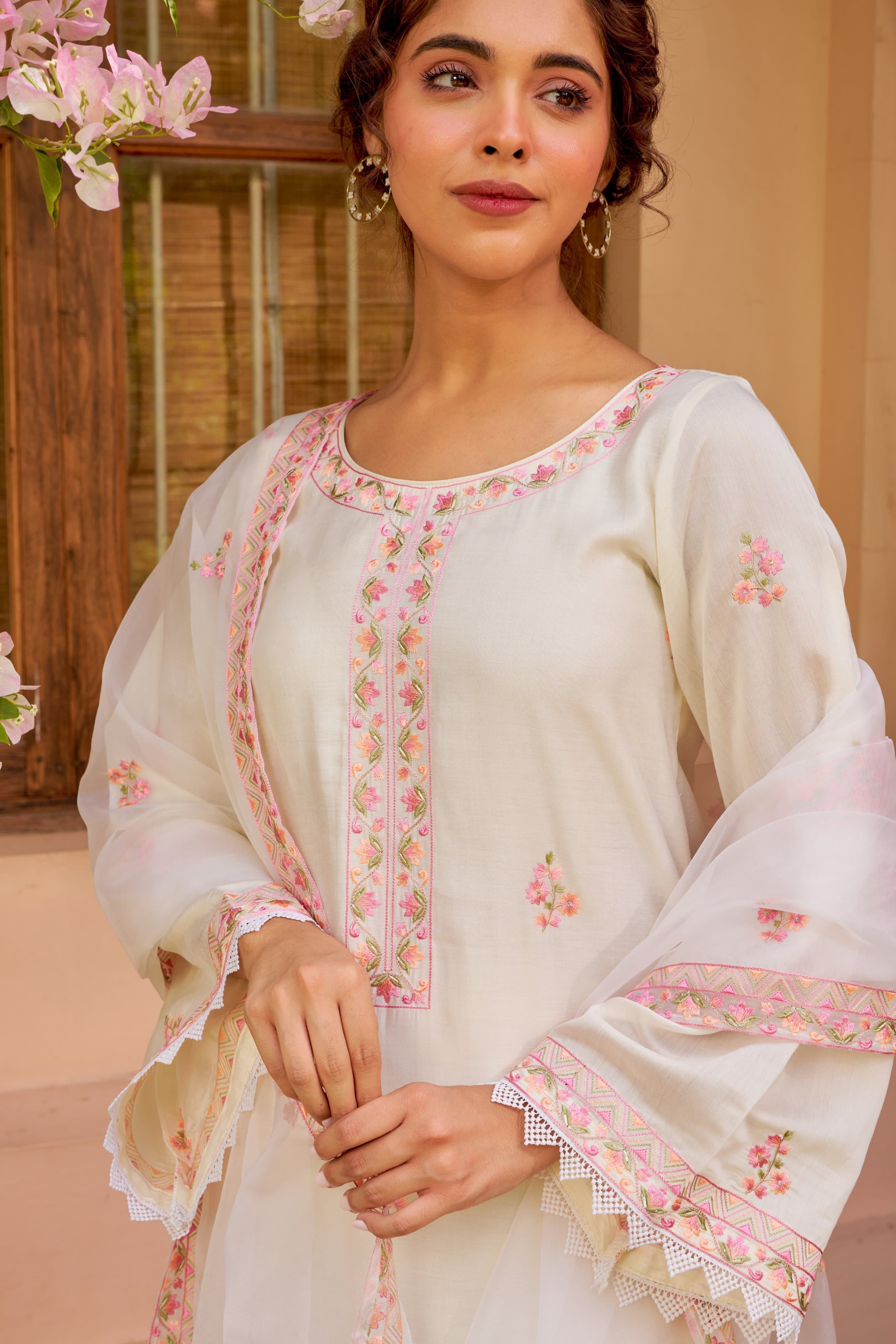 Ivory White Chanderi Embroidered Suit Set