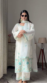 Ivory White Chanderi Embroidered Suit Set