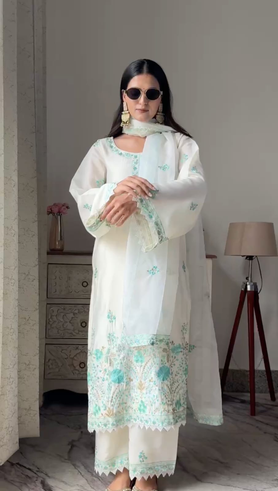 Ivory White Chanderi Embroidered Suit Set