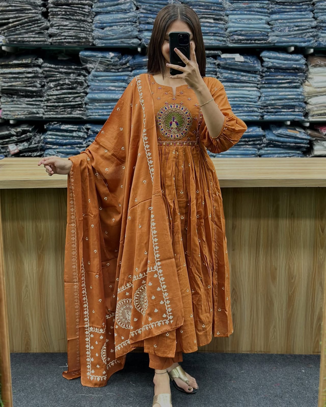 Orange MAL Cotton Kurti Pant Dupatta Set