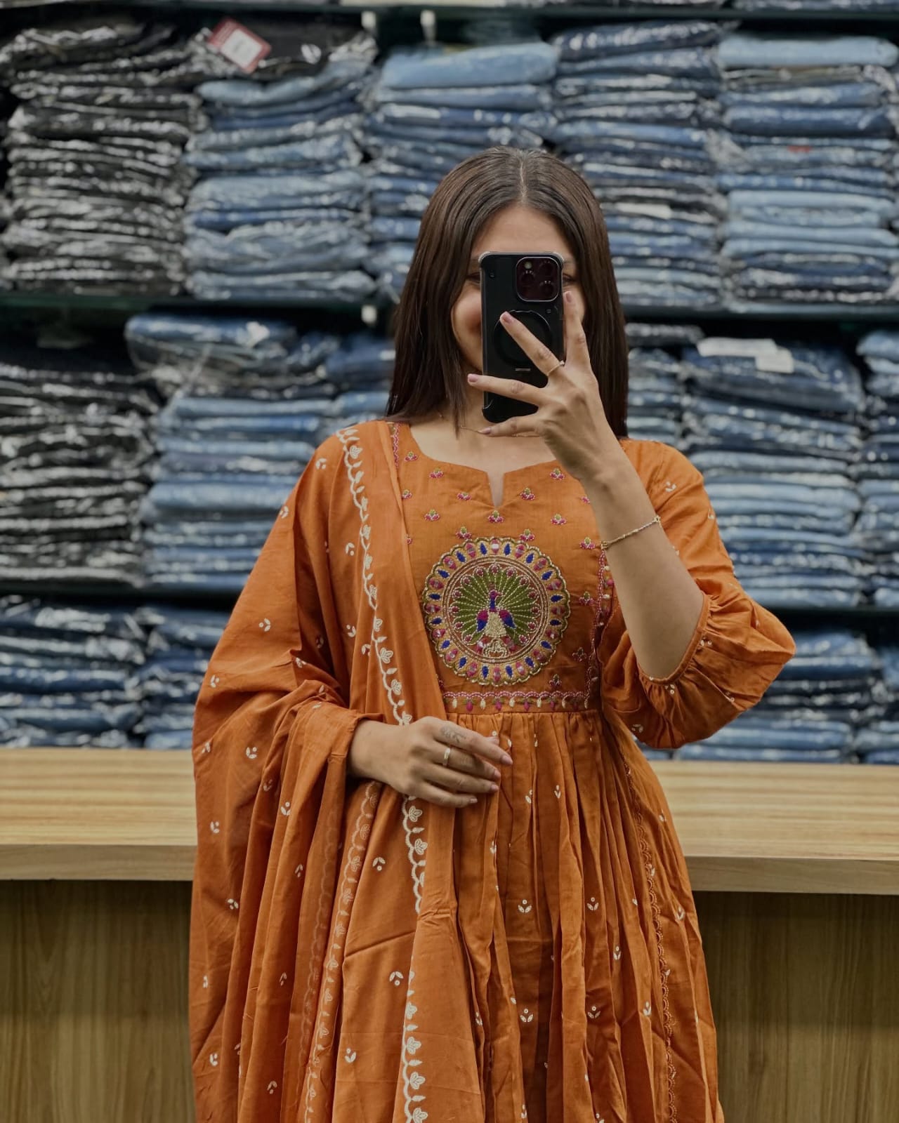 Orange MAL Cotton Kurti Pant Dupatta Set