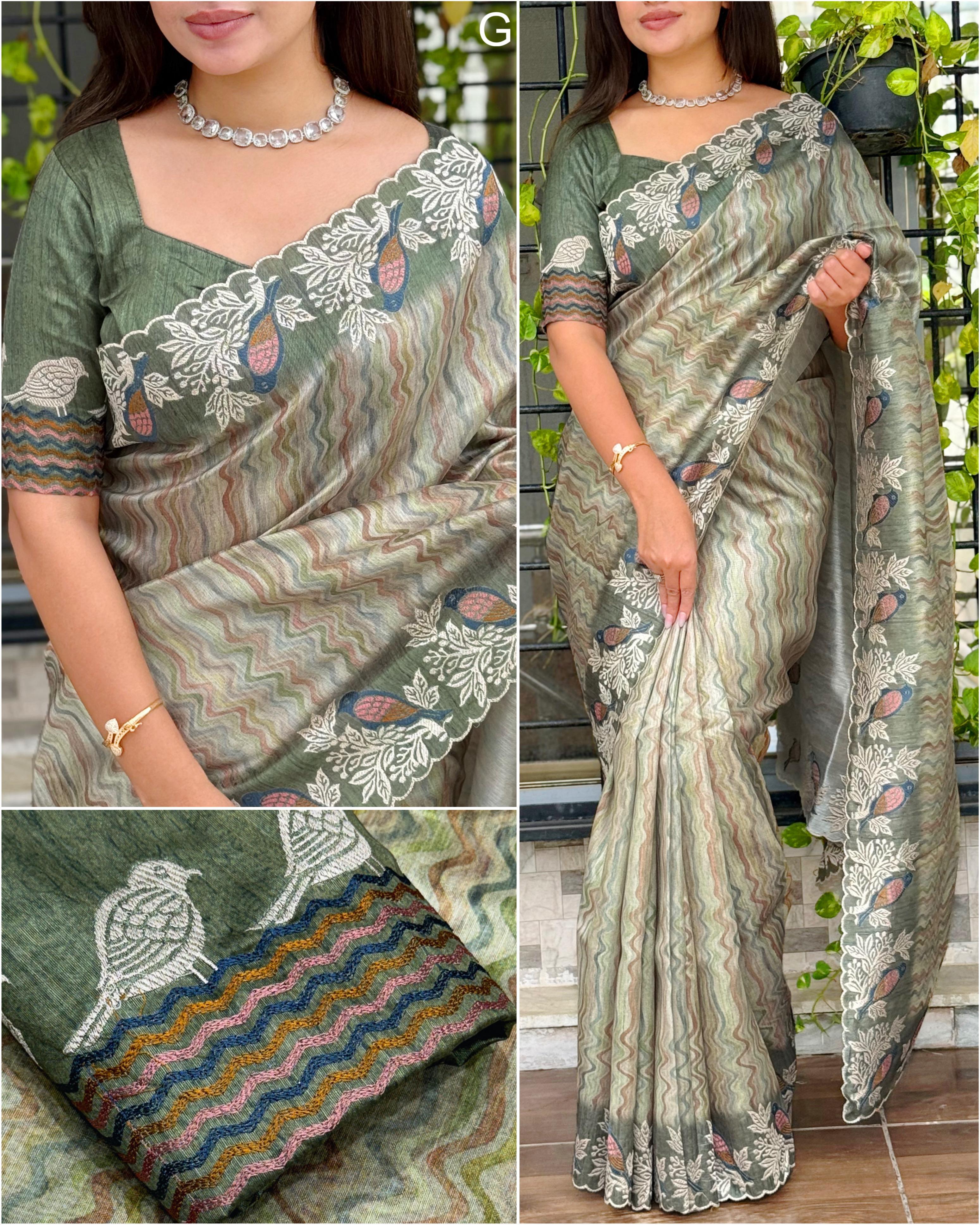 The rich tusser saree glows with fine thread kashmiri style Embroider