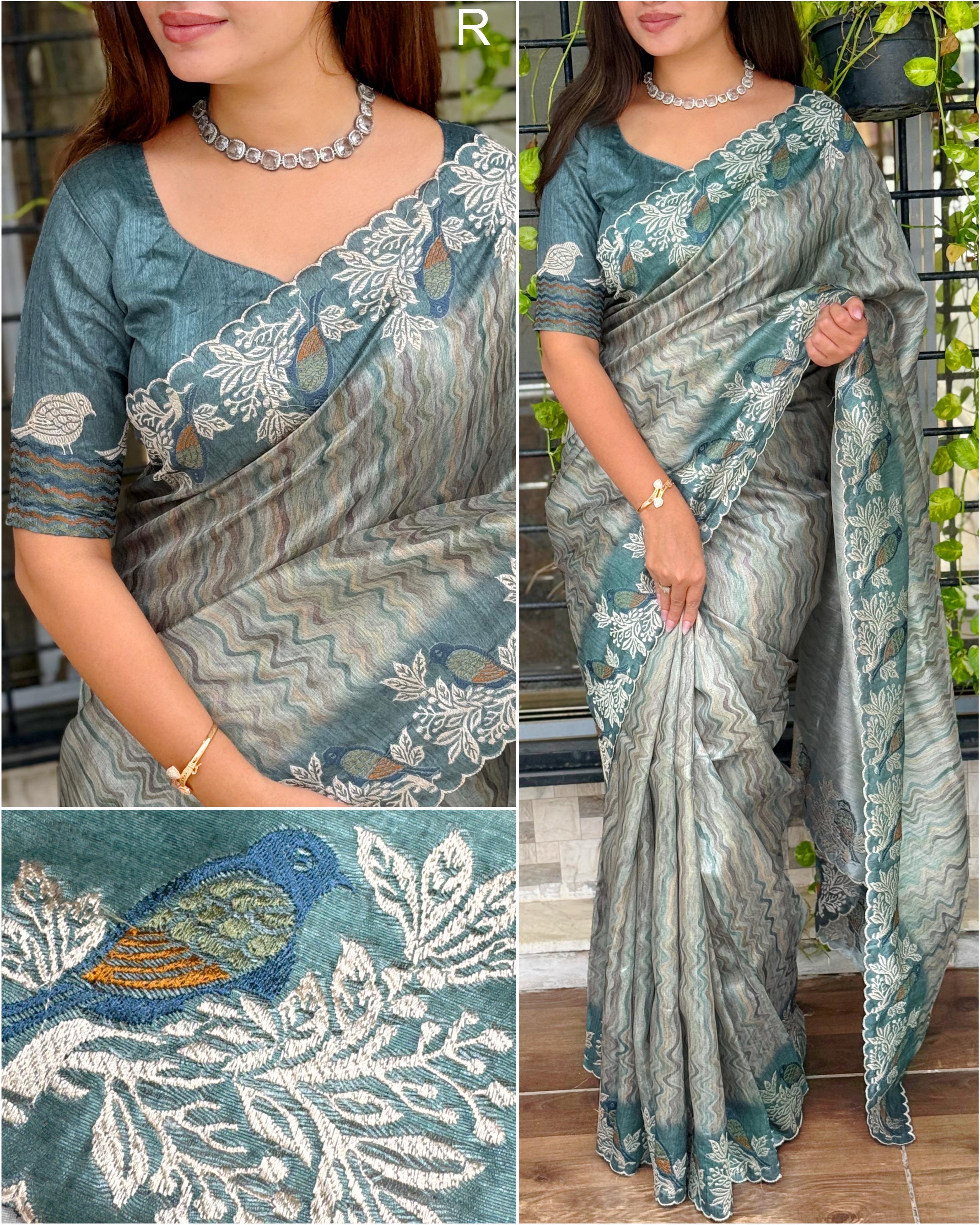 The rich tusser saree glows with fine thread kashmiri style Embroider