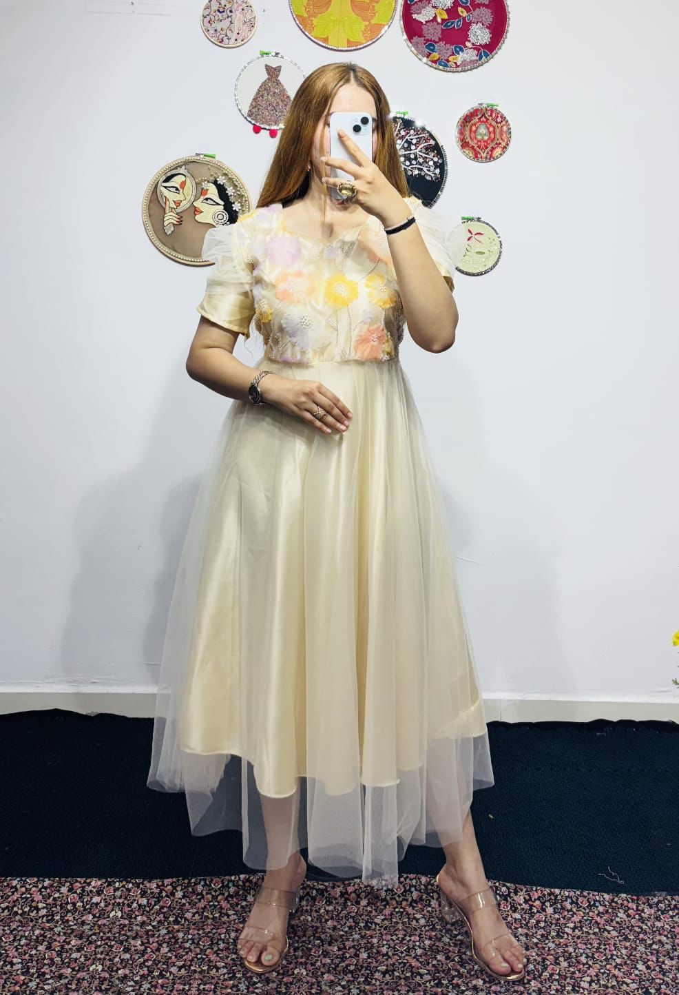 KENVI Breathable Midi Dress with Stunning net and bids work