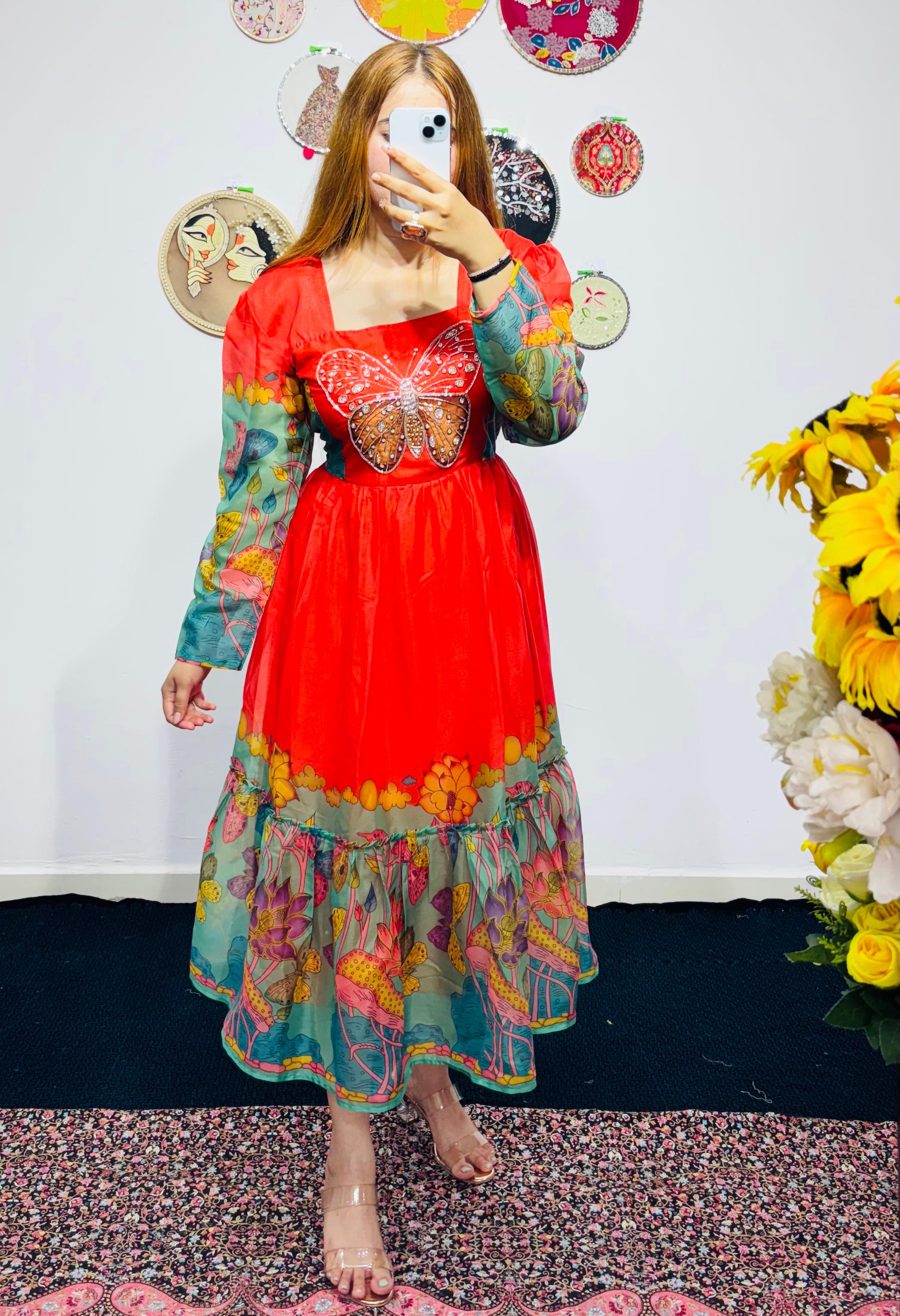 Chic Kalamkari Print Midi Dress | Soft, Breathable & Gracefully Frilled