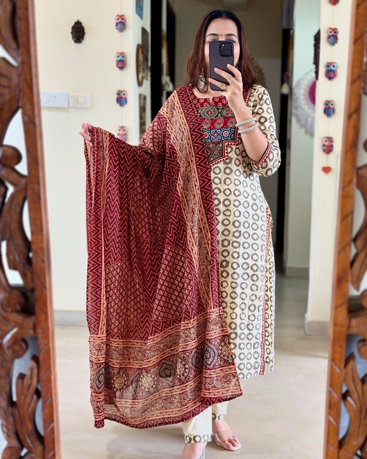 Olive Printed Cotton Straight Kurta With Palazzos & Dupatta