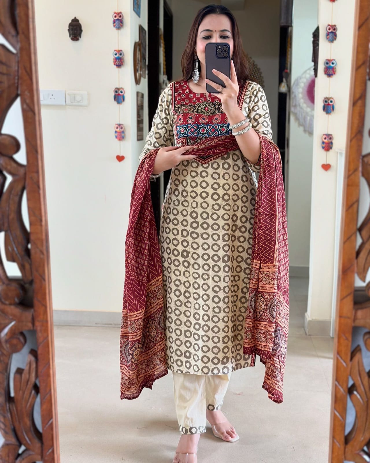 Olive Printed Cotton Straight Kurta With Palazzos & Dupatta