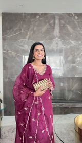 SAJNA Chanderi Silk Kurti Palazzo Set with Cotton Thread Embroidery & Dupatta